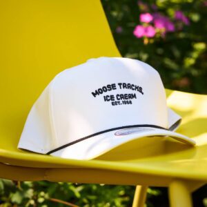 White imperial rope hat with, "Moose Tracks Ice Cream EST. 1988" embroidered with black thread on the front.
